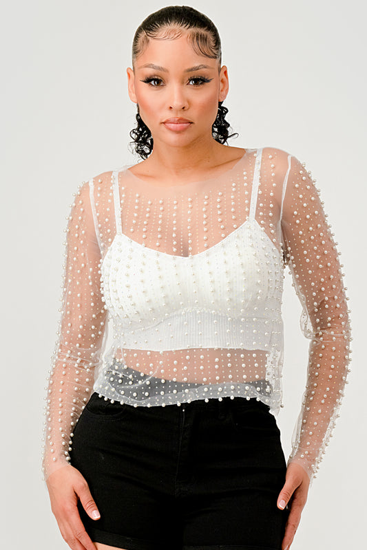 RHINESTONES PEARL SHEER MESH LONG SLEEVE TOP