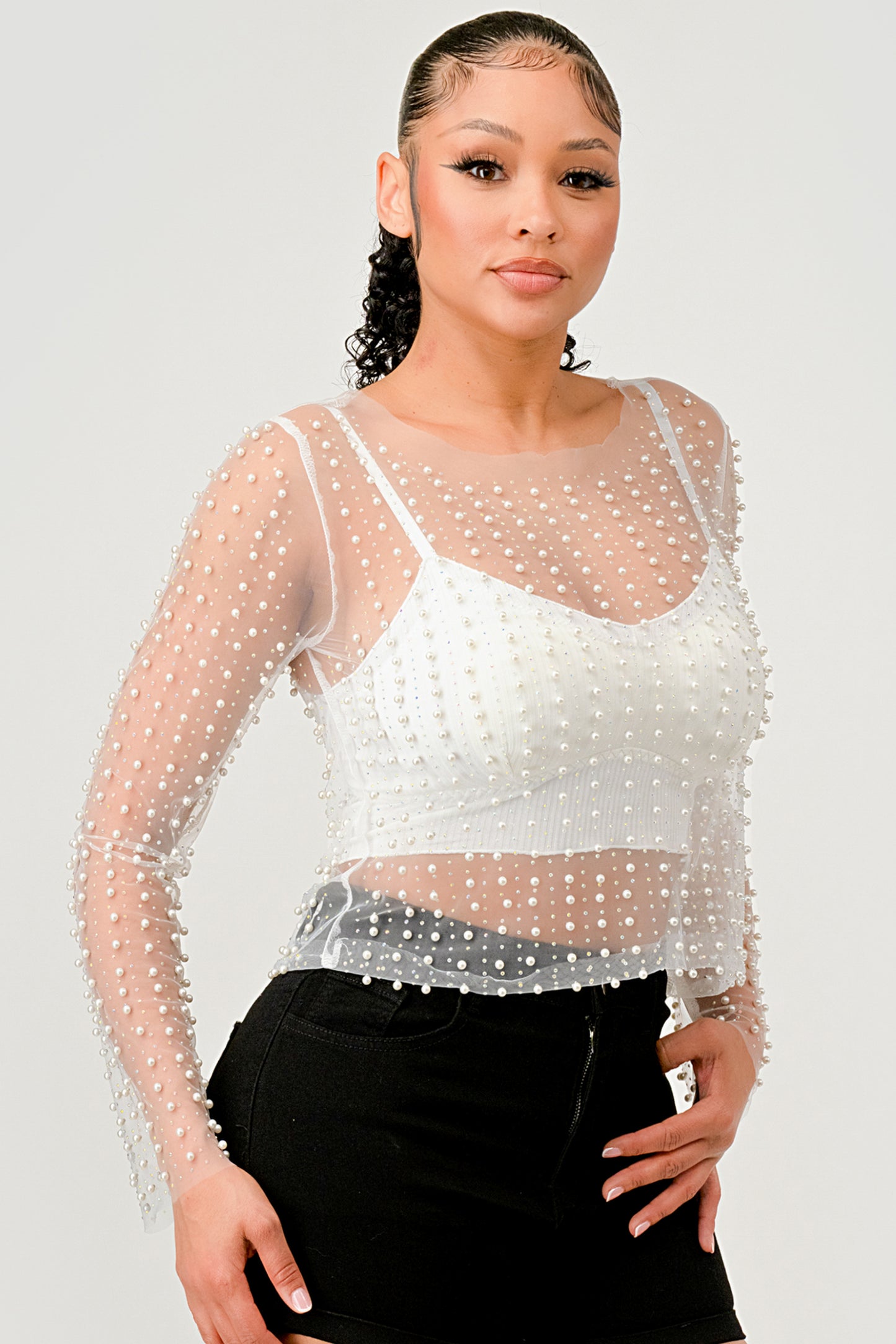 RHINESTONES PEARL SHEER MESH LONG SLEEVE TOP