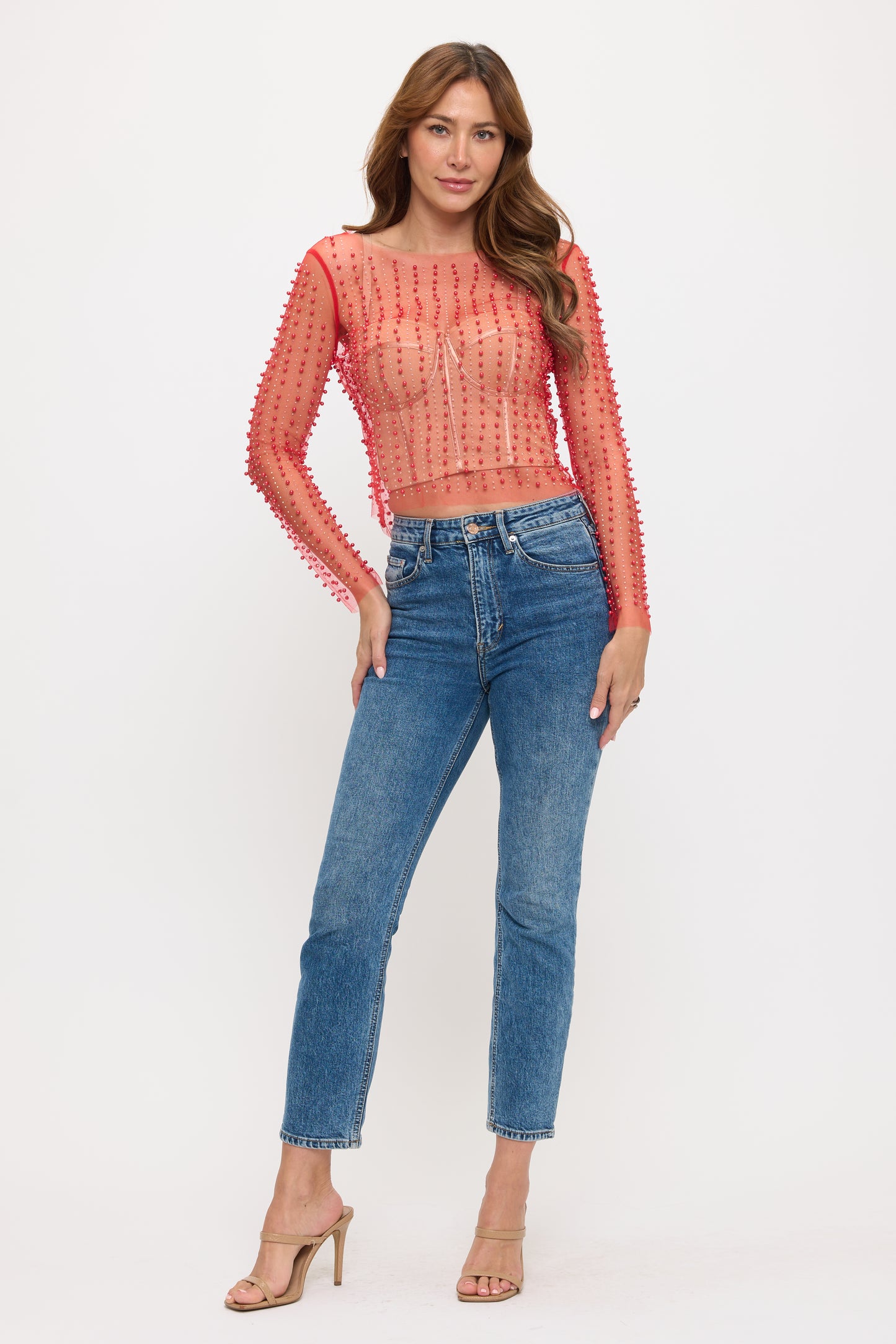 RHINESTONES PEARL SHEER MESH LONG SLEEVE TOP