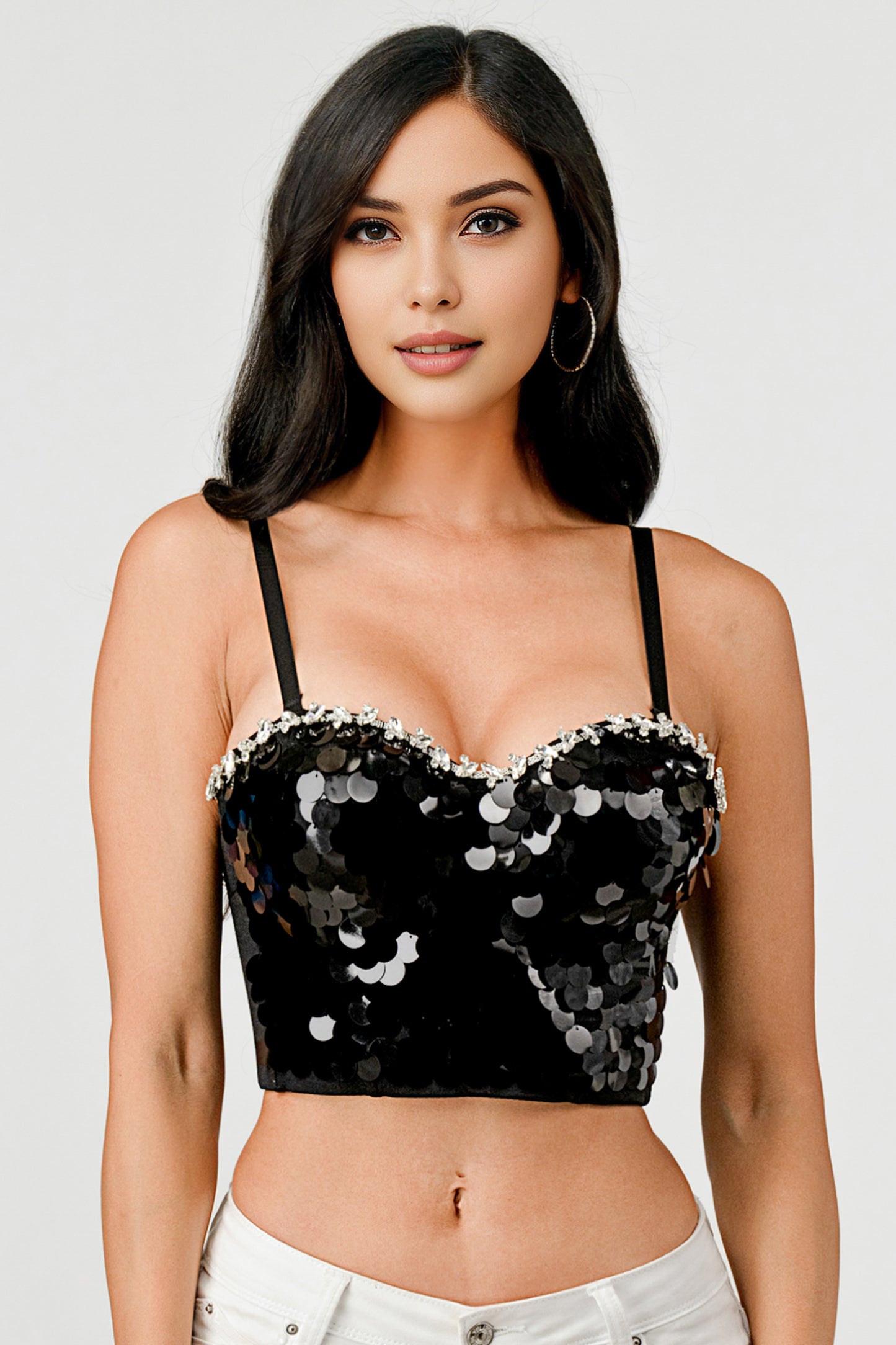 SEQUIN GLITTER RHINESTONE TRIM BUSTIER CROP TOP