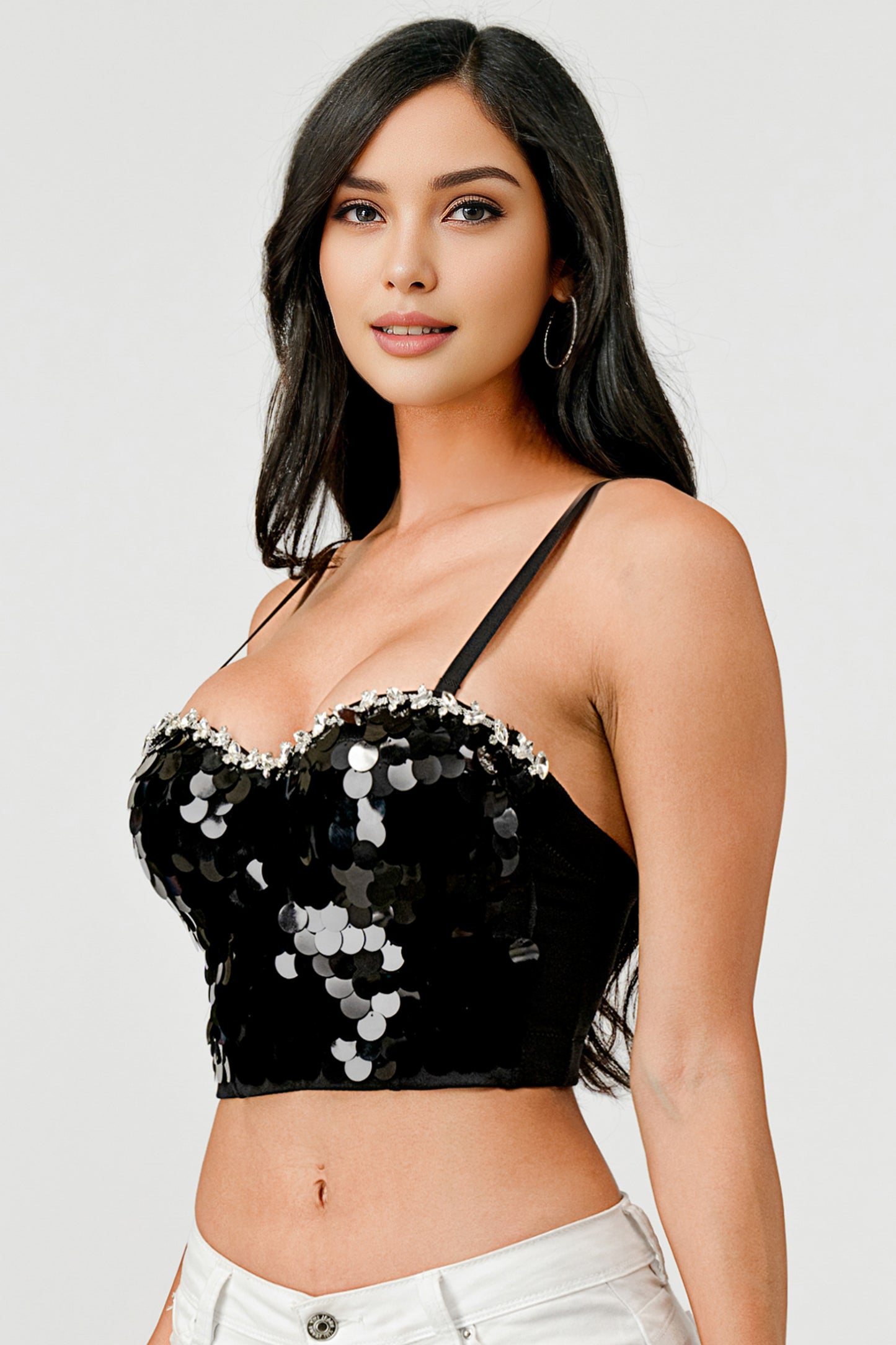 SEQUIN GLITTER RHINESTONE TRIM BUSTIER CROP TOP