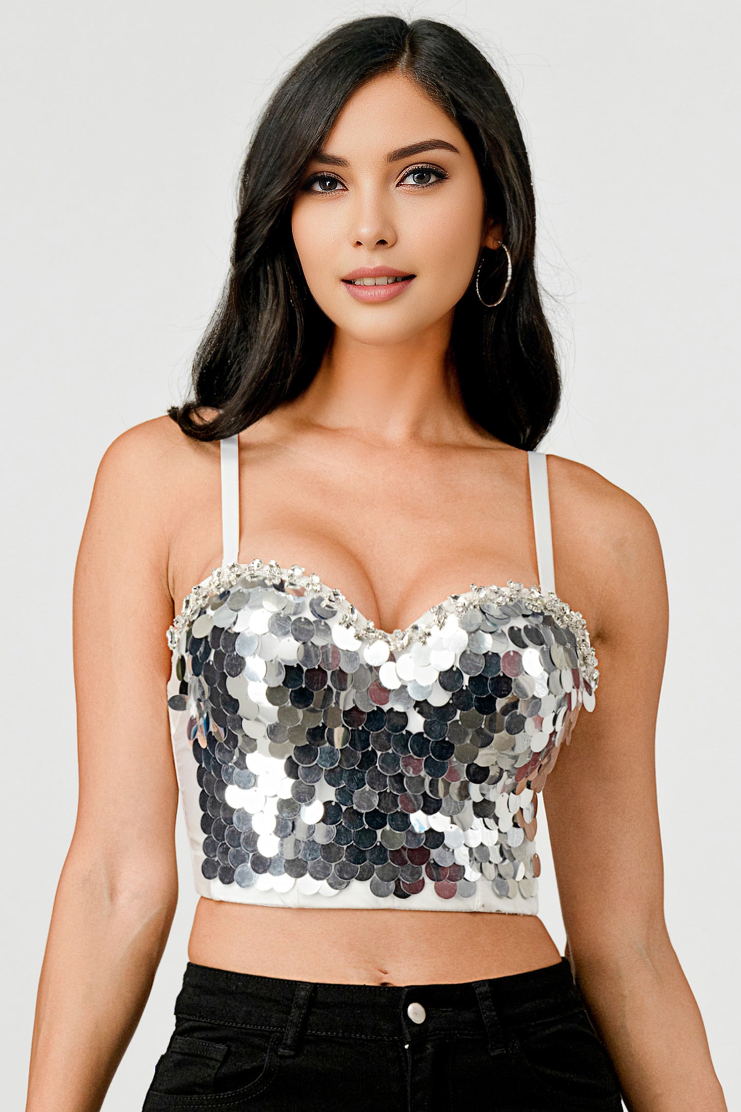 SEQUIN GLITTER RHINESTONE TRIM BUSTIER CROP TOP