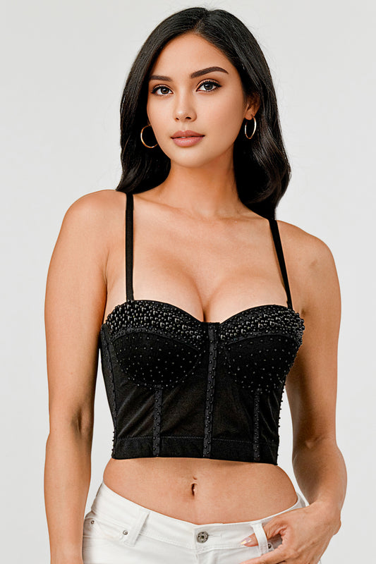 PEARL BEADED BUSTIER CROP TOP CLUB PARTY SEXY CORSET TOP BRA