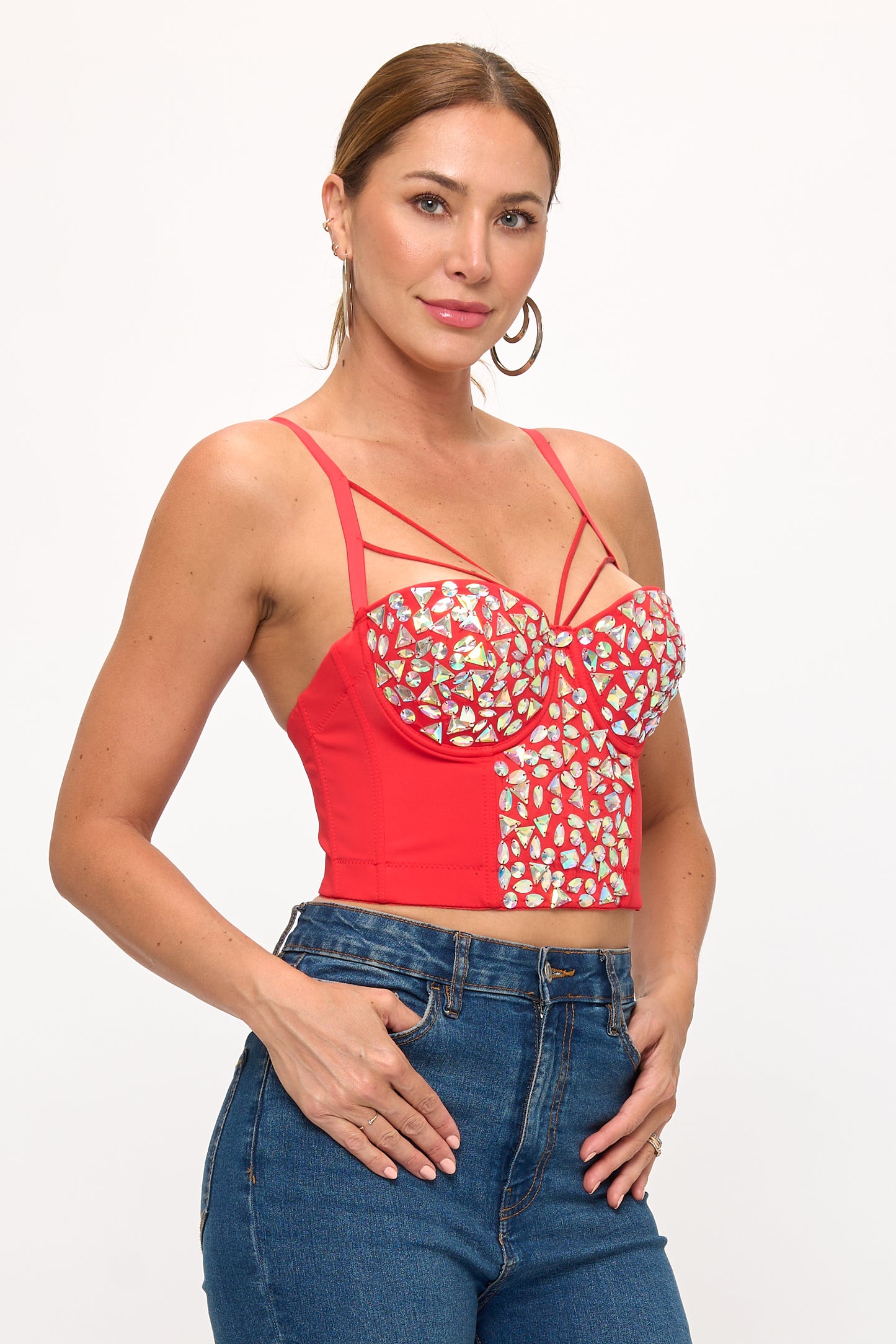 AB RHINESTONE EMBELLISHED CORSET BUSTIER CROP TOP