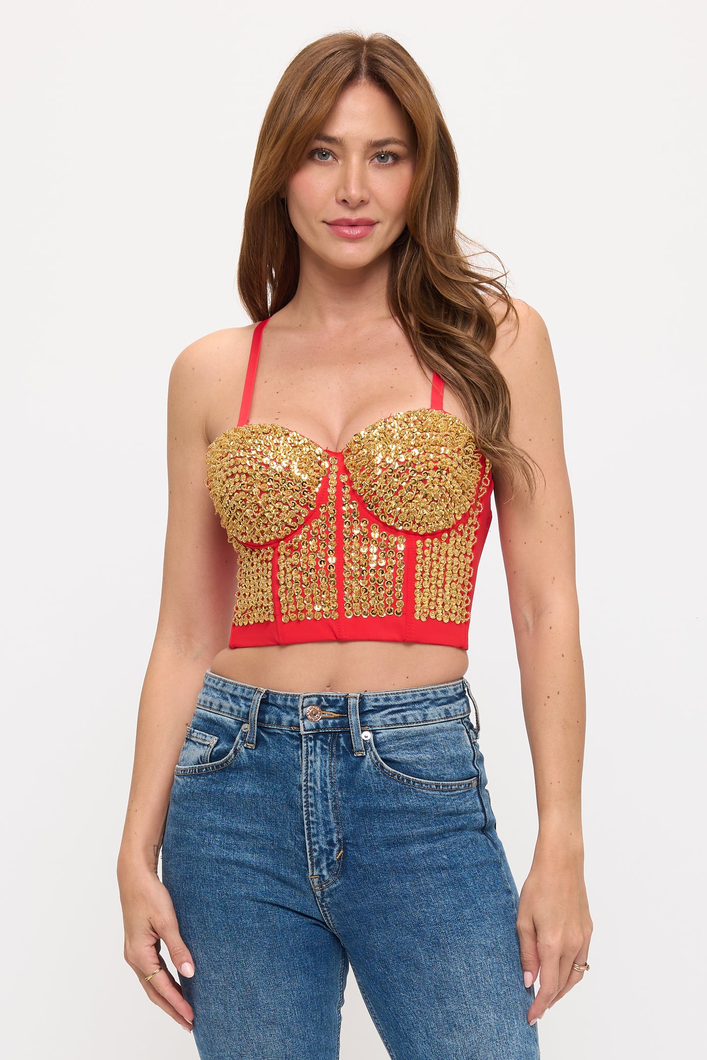 METALLIC SEQUIN EMBELLISHED BUSTIER CROP TOP_ D7225
