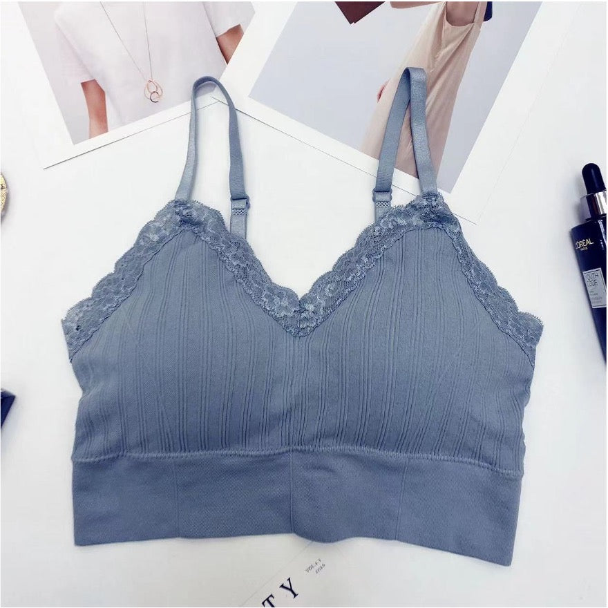 LACE TRIM RIBBED SOLID BRALETTE TOP