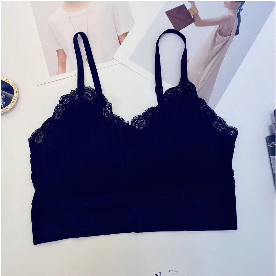 LACE TRIM RIBBED SOLID BRALETTE TOP