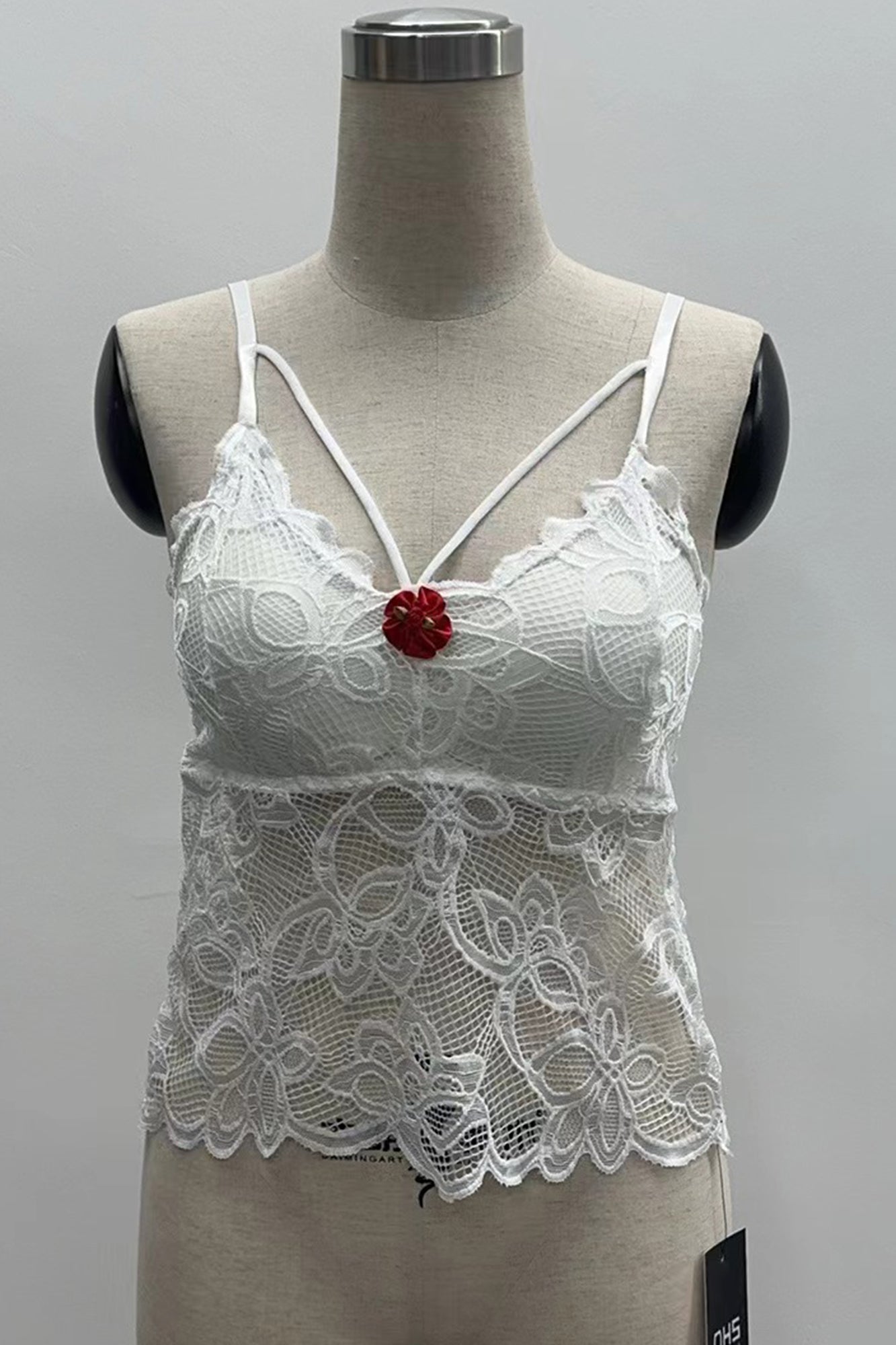 SATIN ROSE FLOWER TRIM FRONT FLORAL LACE SHEER BRALETTE TOP