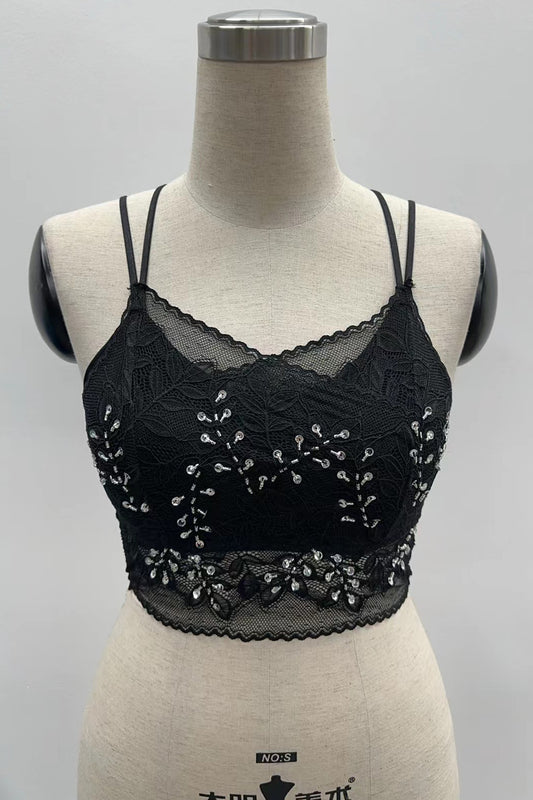 RHINESTONE BEADED DOUBLE LACE LAYERED CAMISOLE BRALETTE TOP