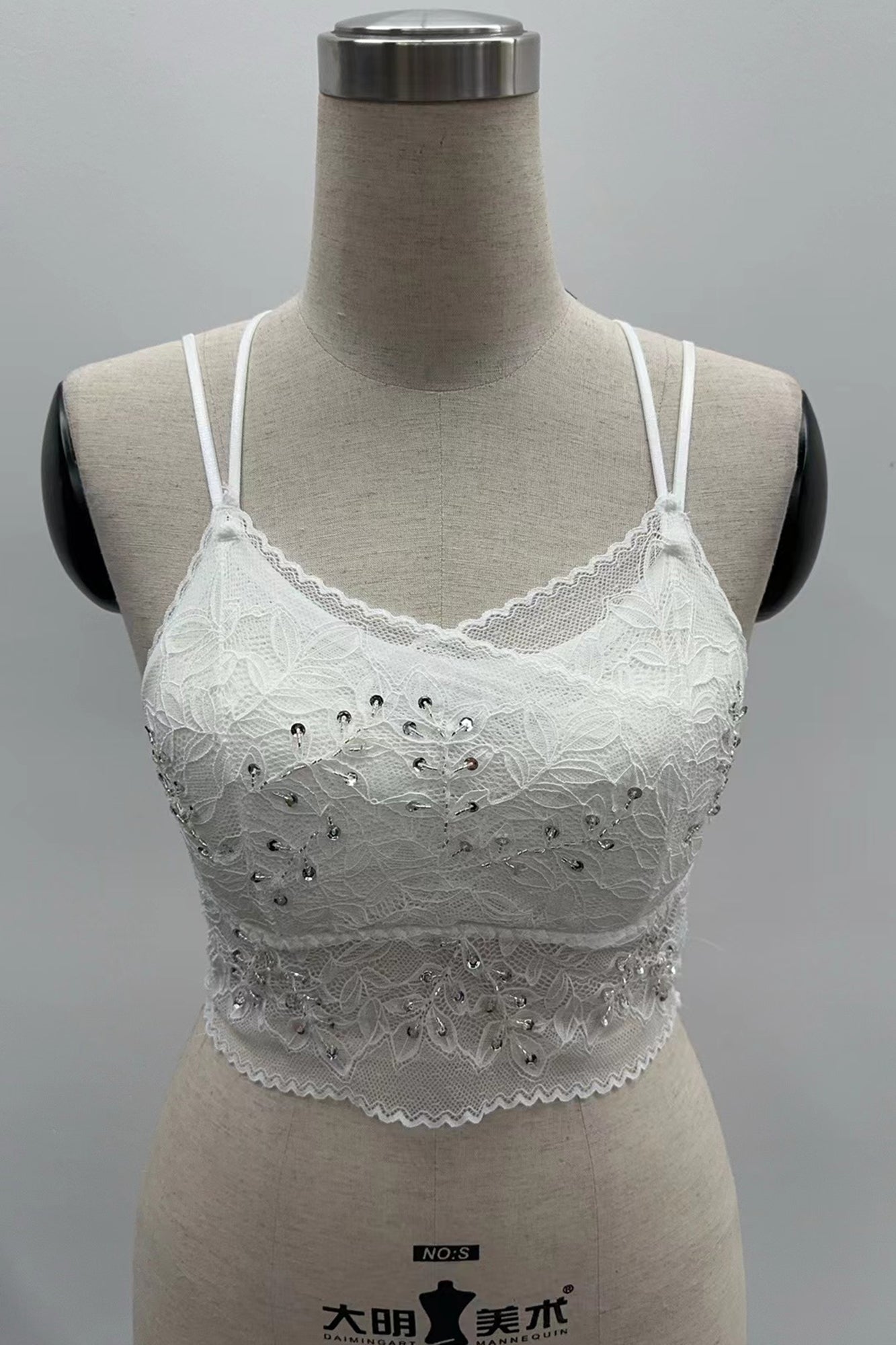 RHINESTONE BEADED DOUBLE LACE LAYERED CAMISOLE BRALETTE TOP