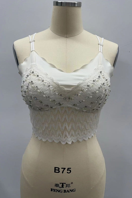 RHINESTONE CRYSTAL BEADS LAYERED LACE CAMISOLE LINGERIE