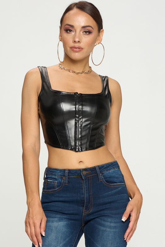 SOLID EYELET FRONT CLOSURE CORSET CROP TOP