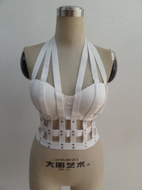 ELASTIC BAND HALTER CAGED CROP TOP