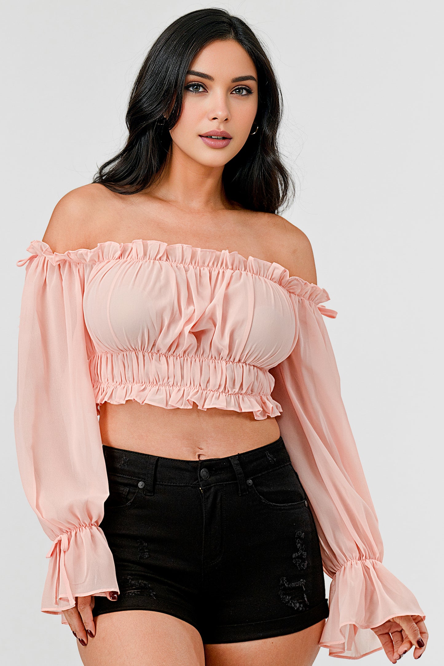 OFF SHOULDER RUFFLE TRIM KNOT SLEEVE CROP TOP