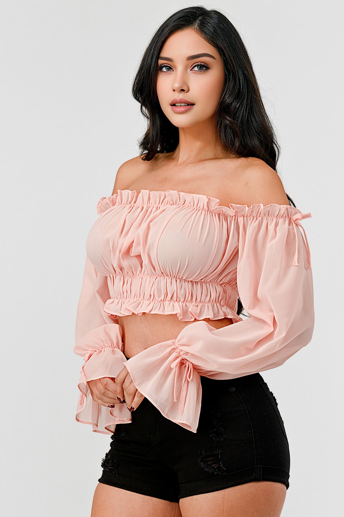 OFF SHOULDER RUFFLE TRIM KNOT SLEEVE CROP TOP