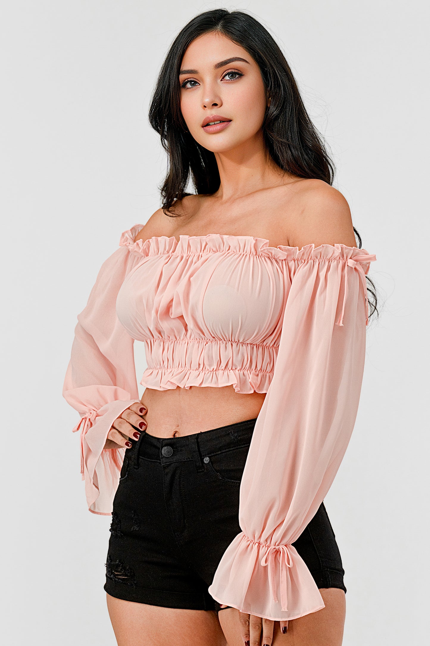 OFF SHOULDER RUFFLE TRIM KNOT SLEEVE CROP TOP