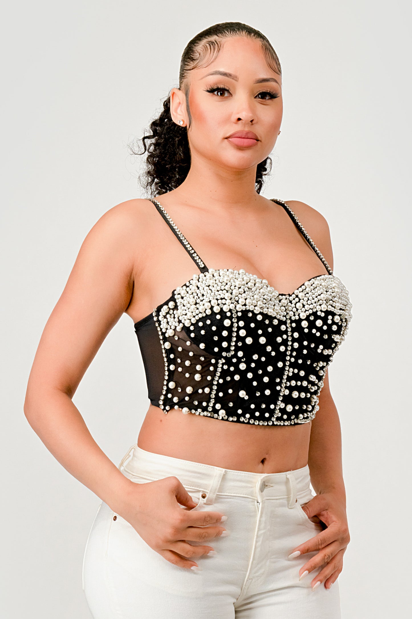 WHITE PEARL RHINESTONE EMBELLISHED BUSTIER CROP TOP