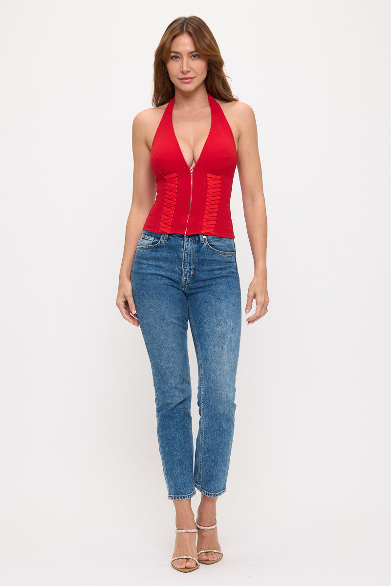 Sleek Halter Zip-Up Corset with Lattice Sides