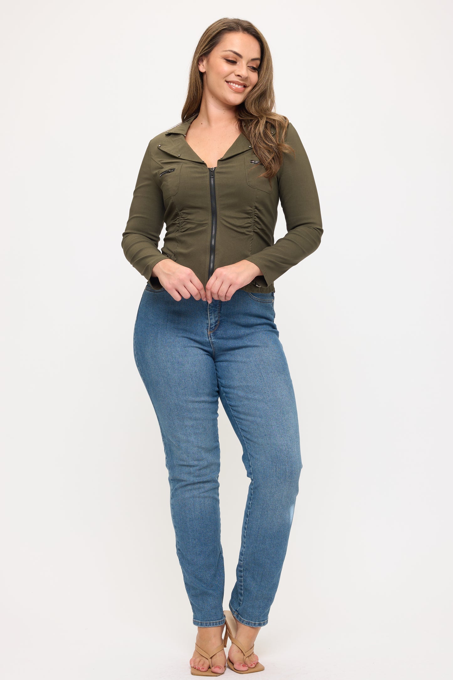 ZIPPER FRONT CLOSURE BUCKLE SIDE DETAILS LONG SLEEVE PLUS JACKET