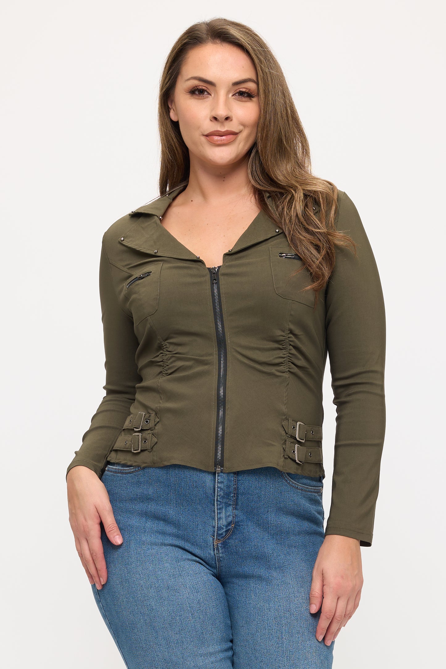 ZIPPER FRONT CLOSURE BUCKLE SIDE DETAILS LONG SLEEVE PLUS JACKET