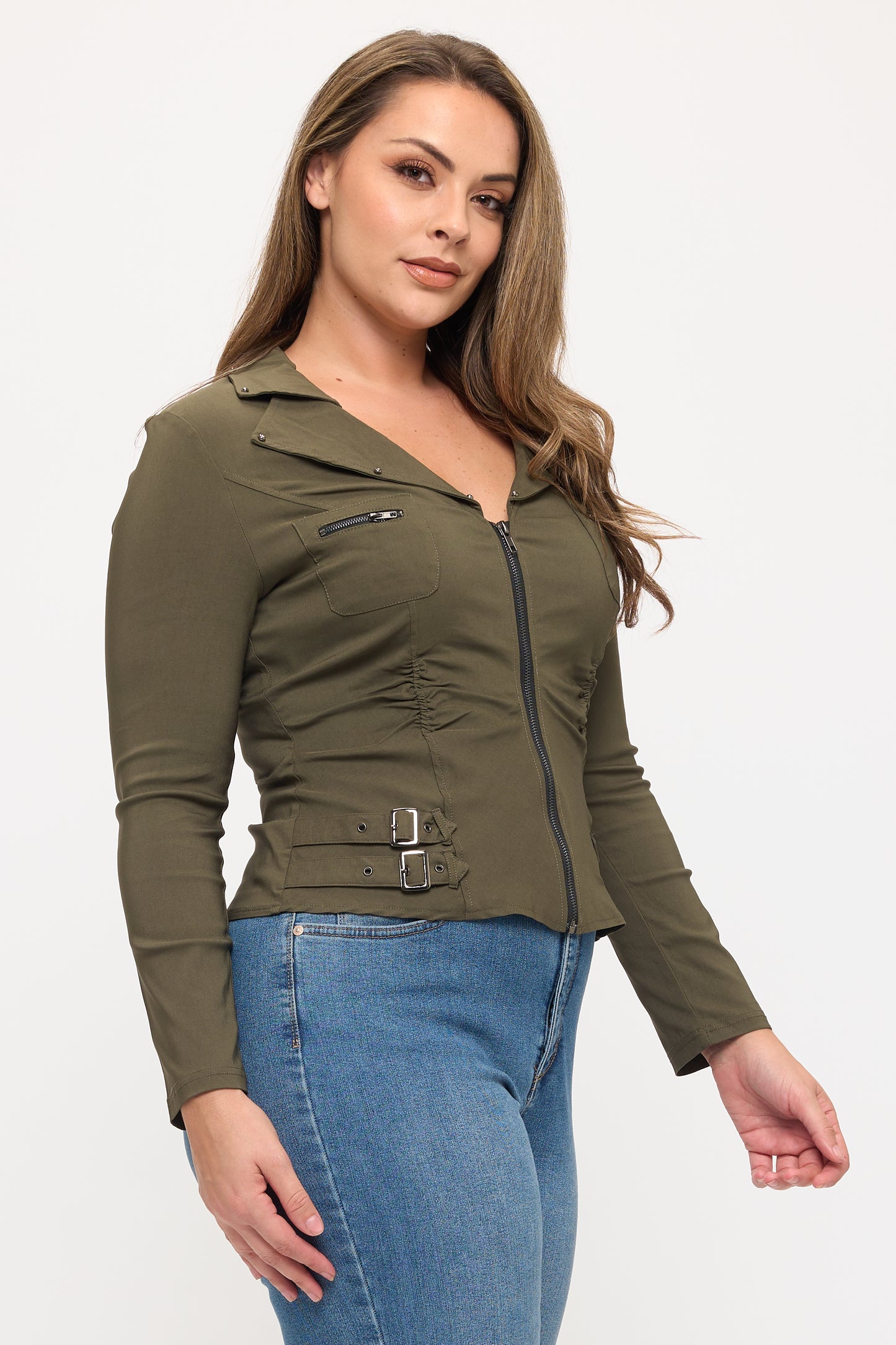 ZIPPER FRONT CLOSURE BUCKLE SIDE DETAILS LONG SLEEVE PLUS JACKET