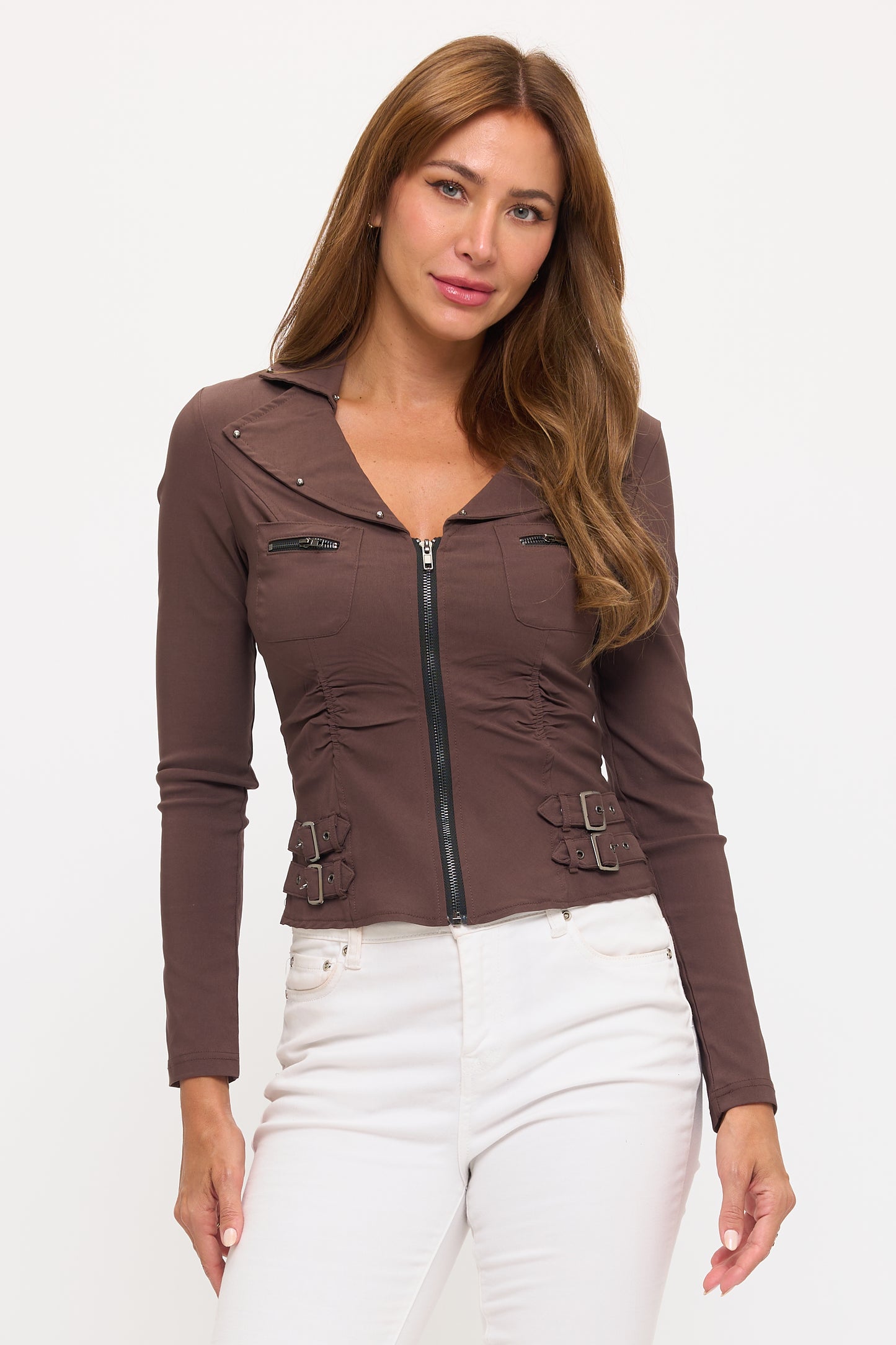 ZIPPER FRONT CLOSURE BUCKLE SIDE DETAILS LONG SLEEVE JACKET