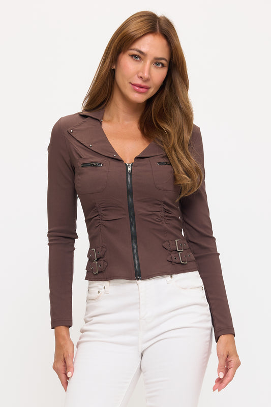 ZIPPER FRONT CLOSURE BUCKLE SIDE DETAILS LONG SLEEVE JACKET
