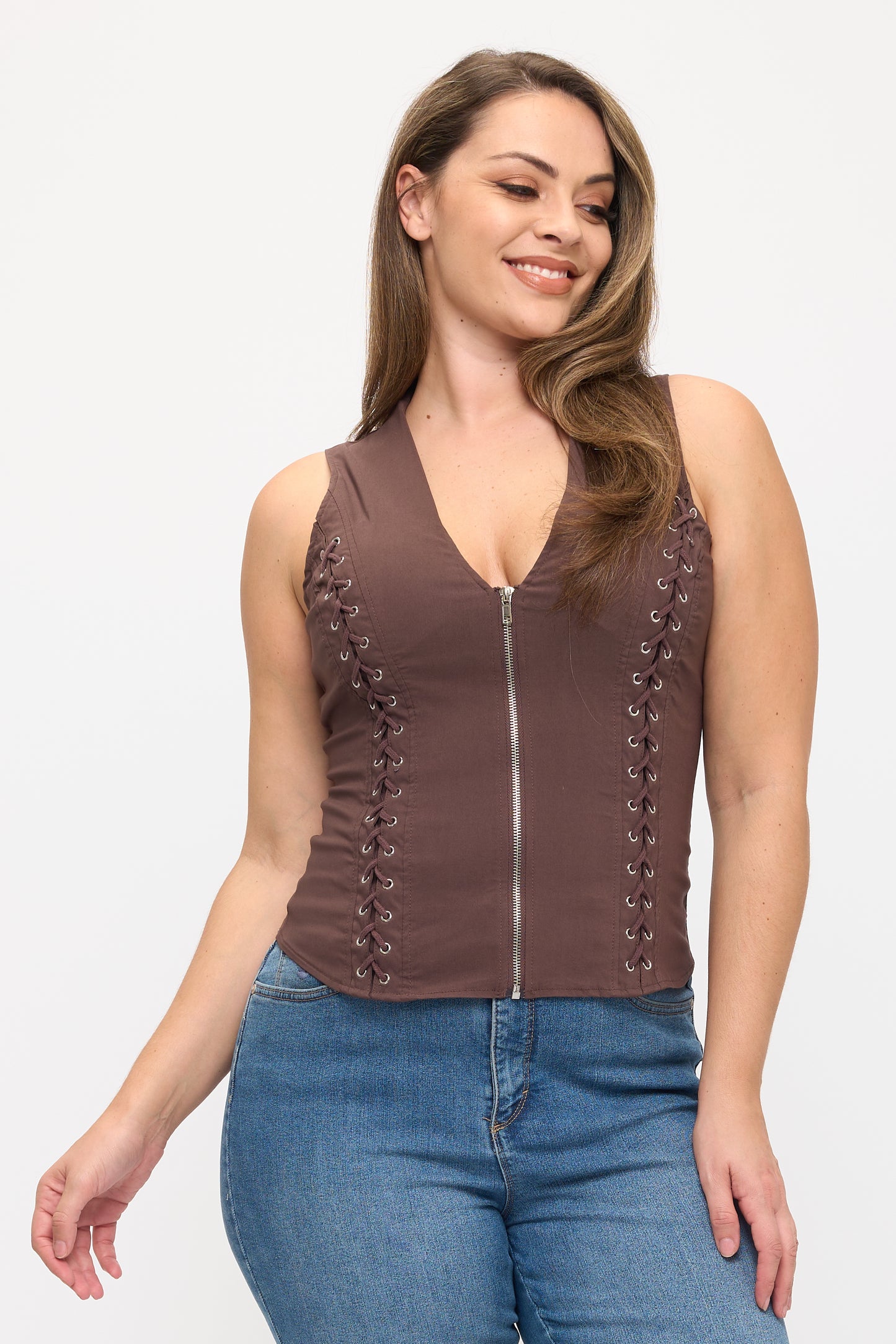 LACE-UP DETAIL CRISS CROSS BACK CUTOUT SLEEVELESS TOP -PLUS