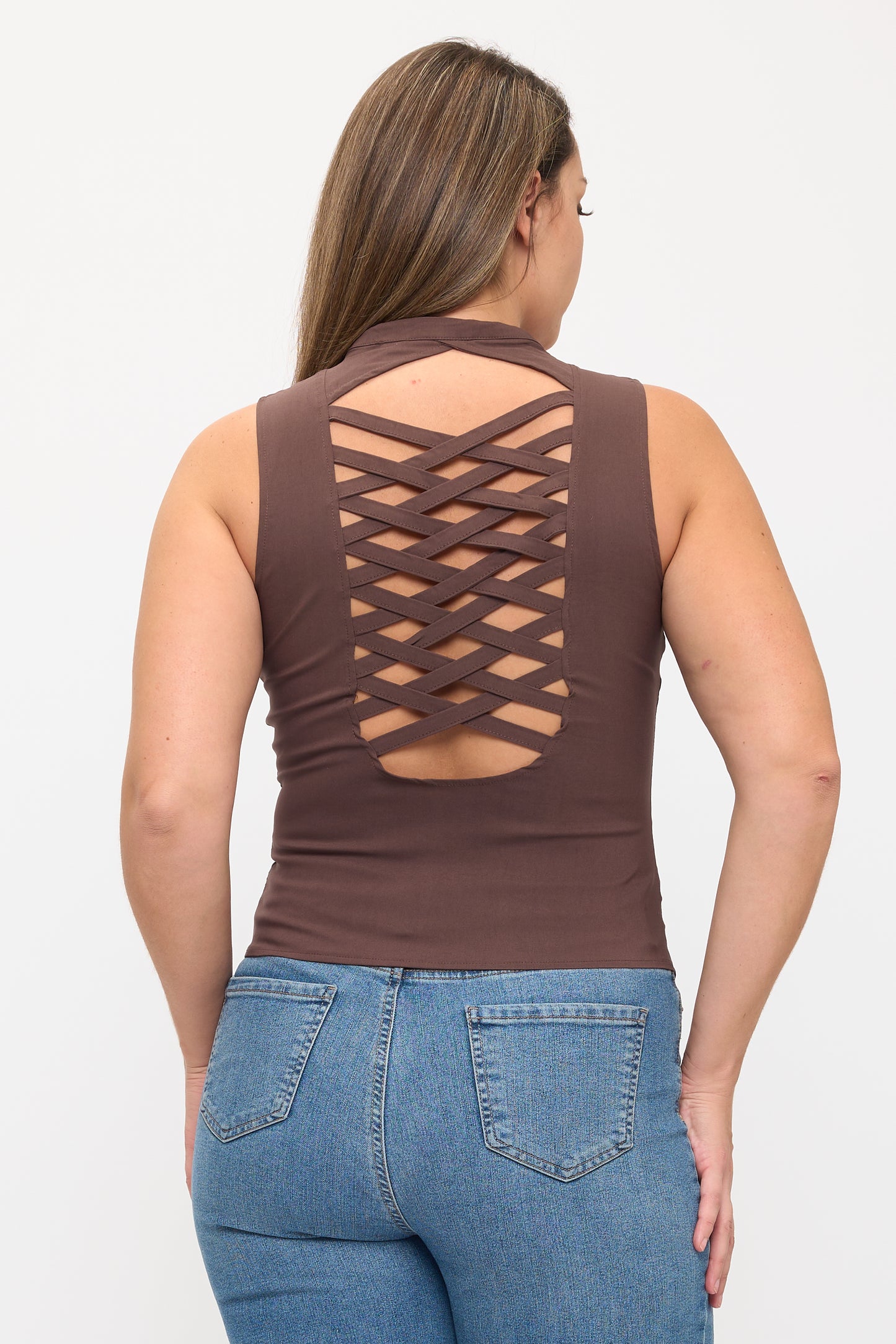 LACE-UP DETAIL CRISS CROSS BACK CUTOUT SLEEVELESS TOP -PLUS
