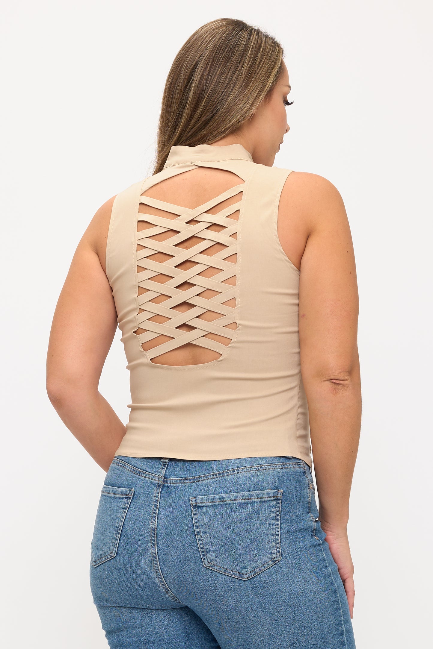 LACE-UP DETAIL CRISS CROSS BACK CUTOUT SLEEVELESS TOP -PLUS