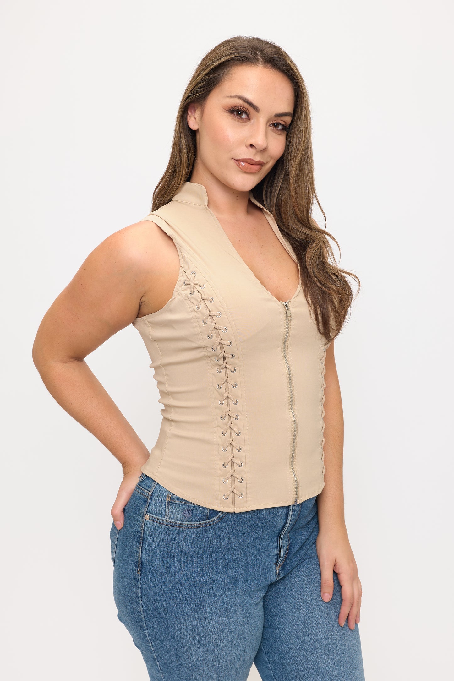 LACE-UP DETAIL CRISS CROSS BACK CUTOUT SLEEVELESS TOP -PLUS