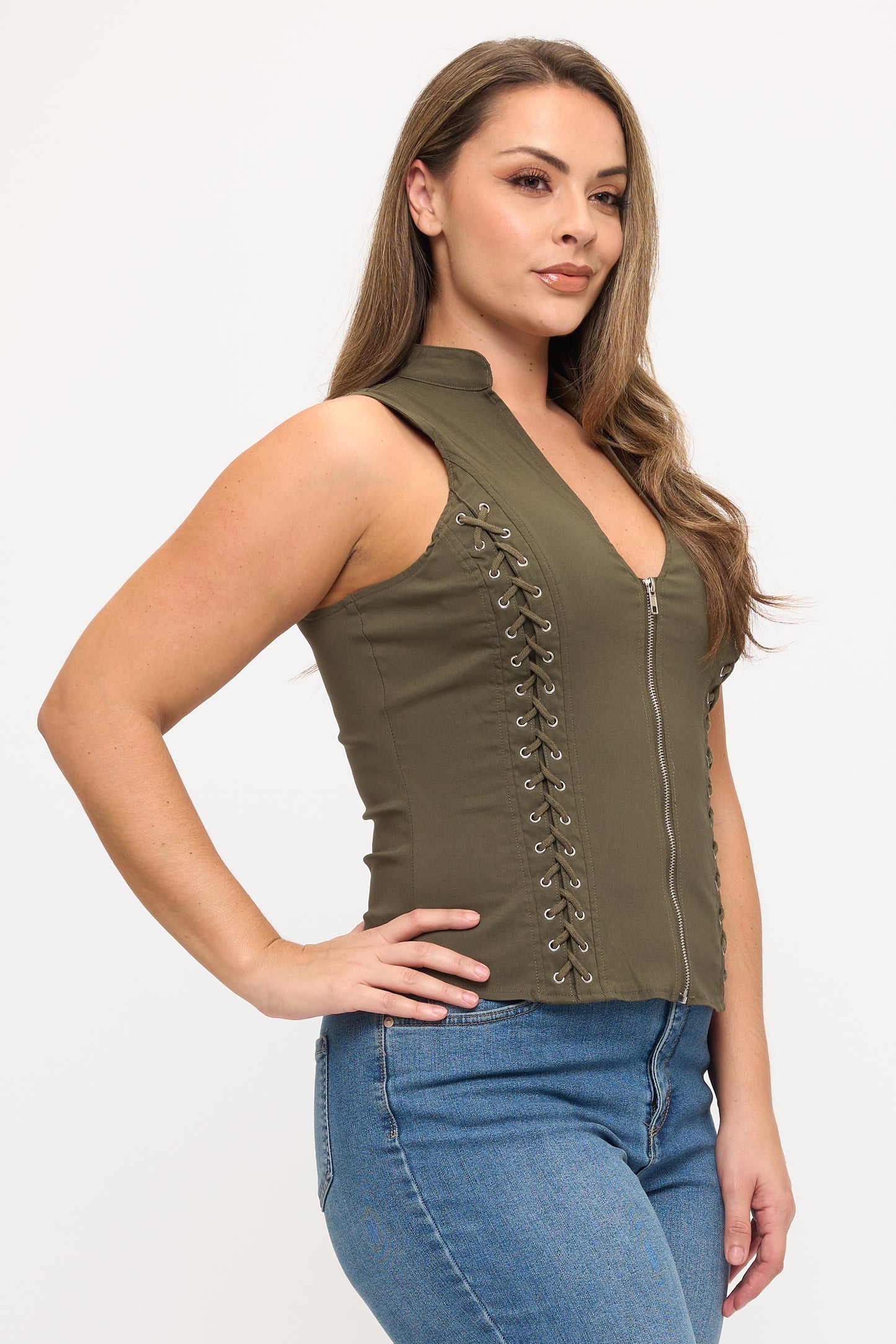 LACE-UP DETAIL CRISS CROSS BACK CUTOUT SLEEVELESS TOP -PLUS