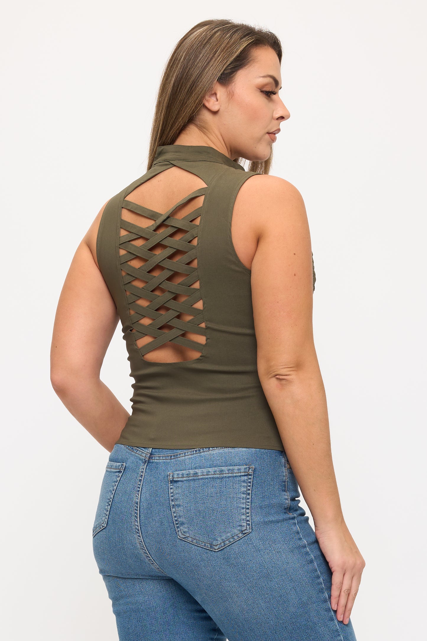 LACE-UP DETAIL CRISS CROSS BACK CUTOUT SLEEVELESS TOP -PLUS