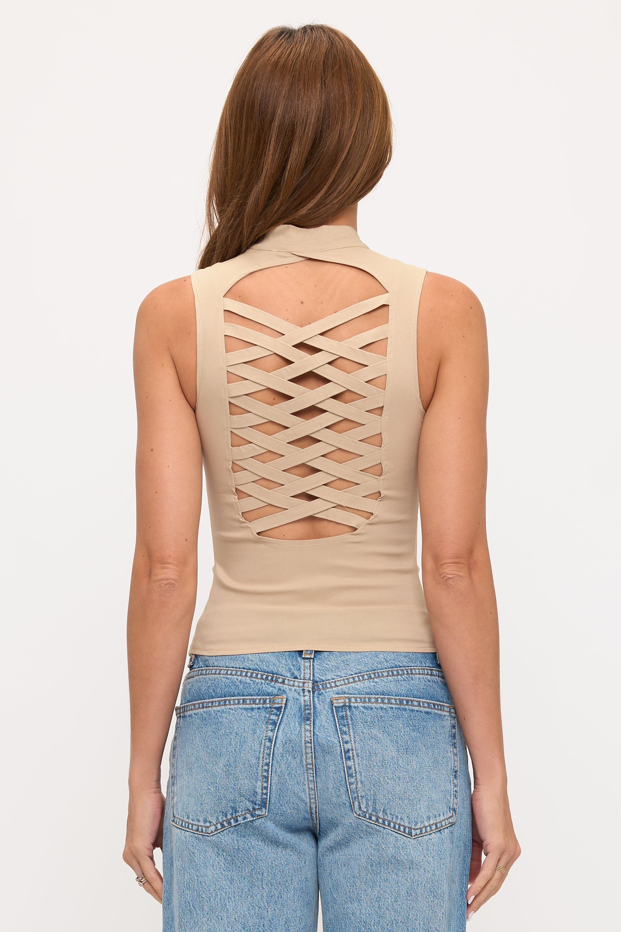 LACE-UP DETAIL CRISS CROSS BACK CUTOUT SLEEVELESS TOP_ D6619