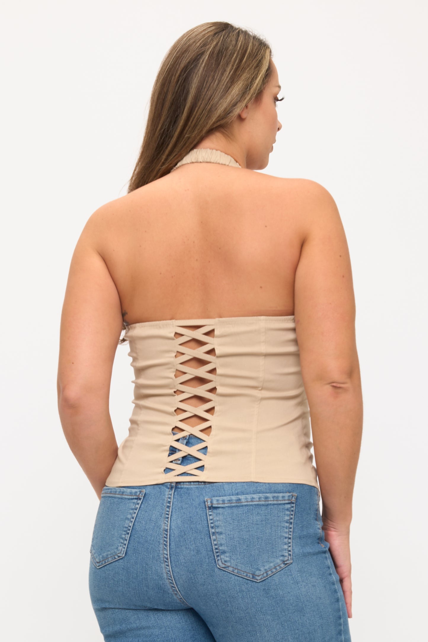 LACE UP COLLAR HALTER PLUS TOP