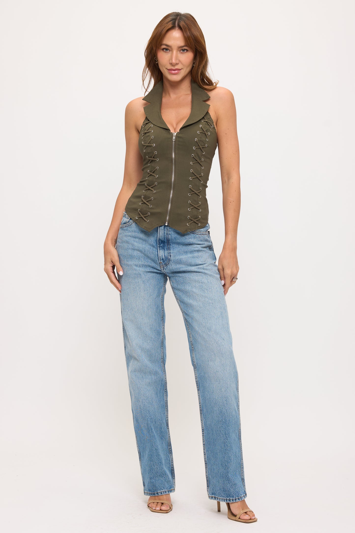 LACE UP COLLAR HALTER TANK TOP