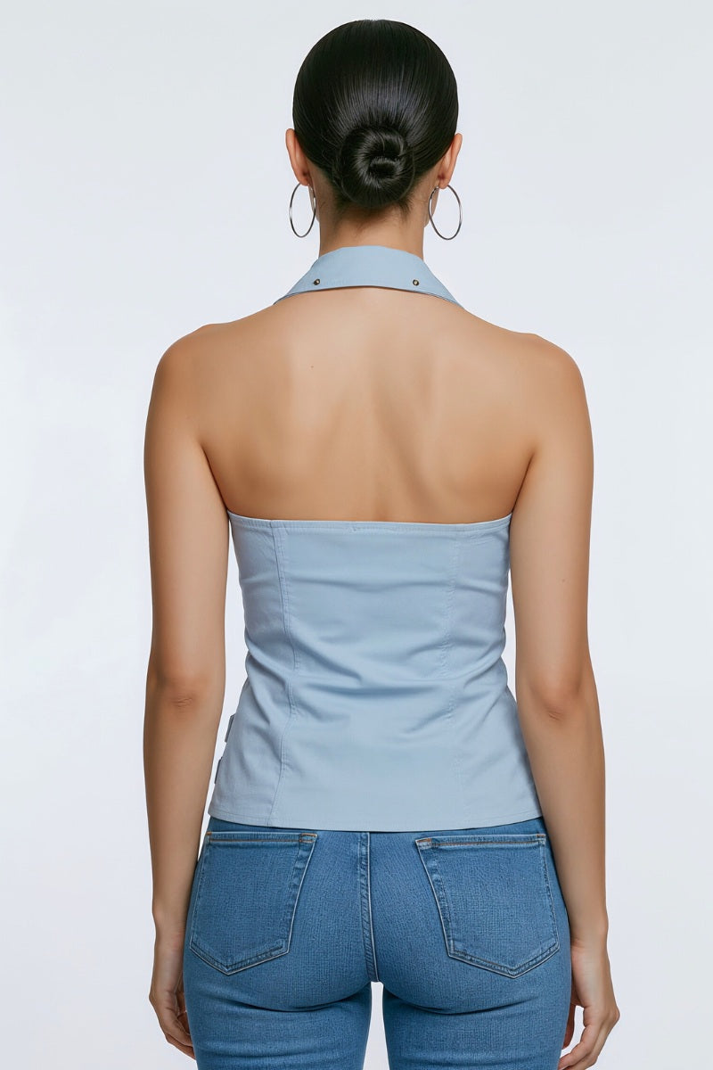 BUCKLE DETAIL ZIPPER FRONT COLLAR HALTER TANK TOP