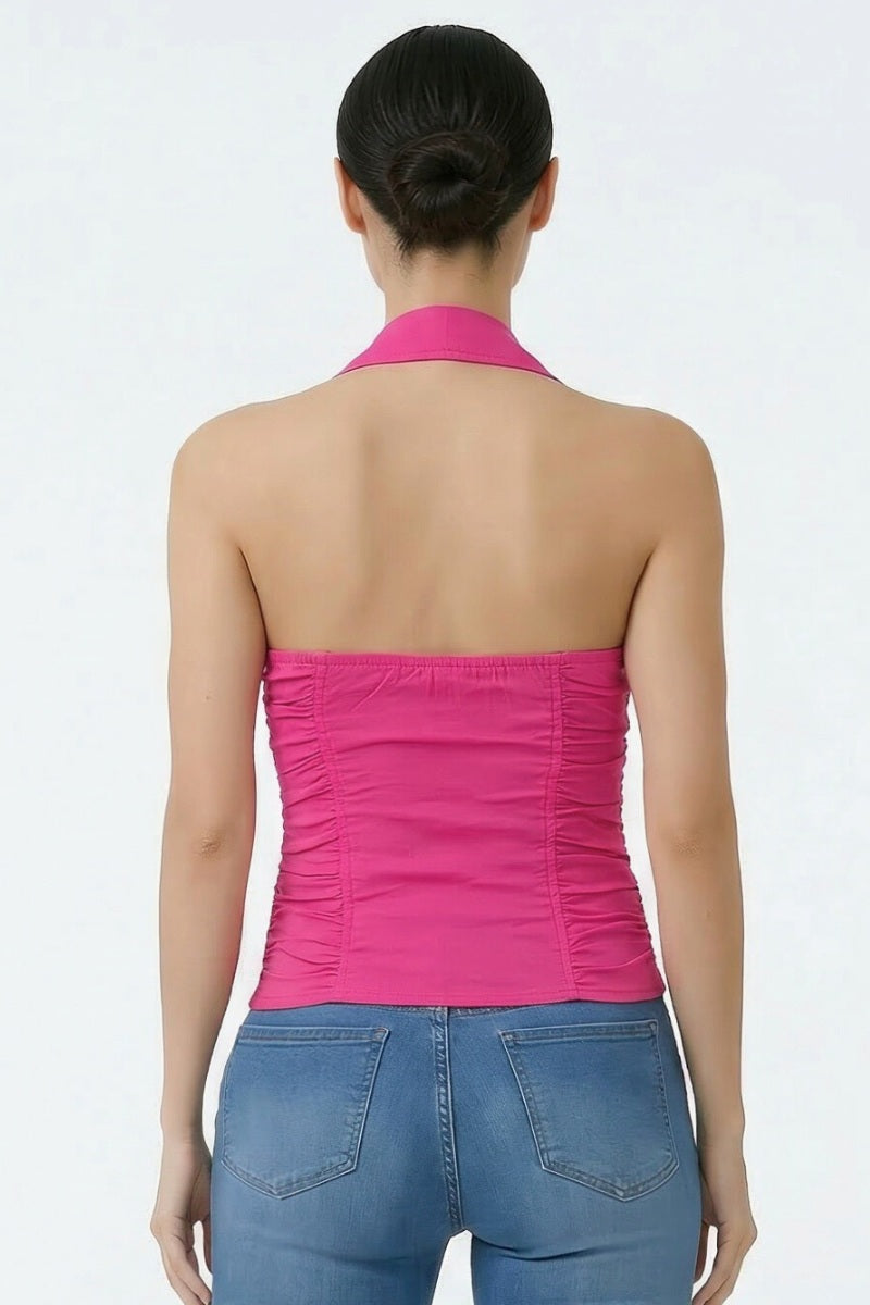 BUCKLE DETAIL ZIPPER FRONT COLLAR HALTER TANK TOP