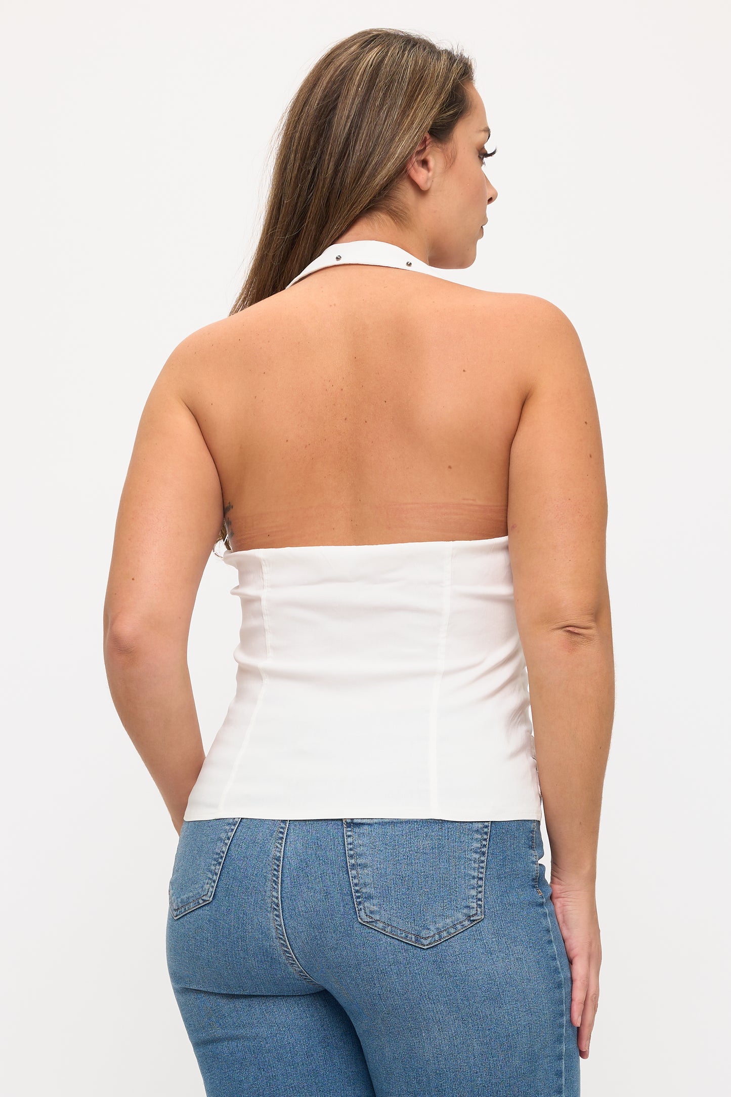 BUCKLE DETAIL ZIPPER FRONT COLLAR HALTER PLUS TANK TOP