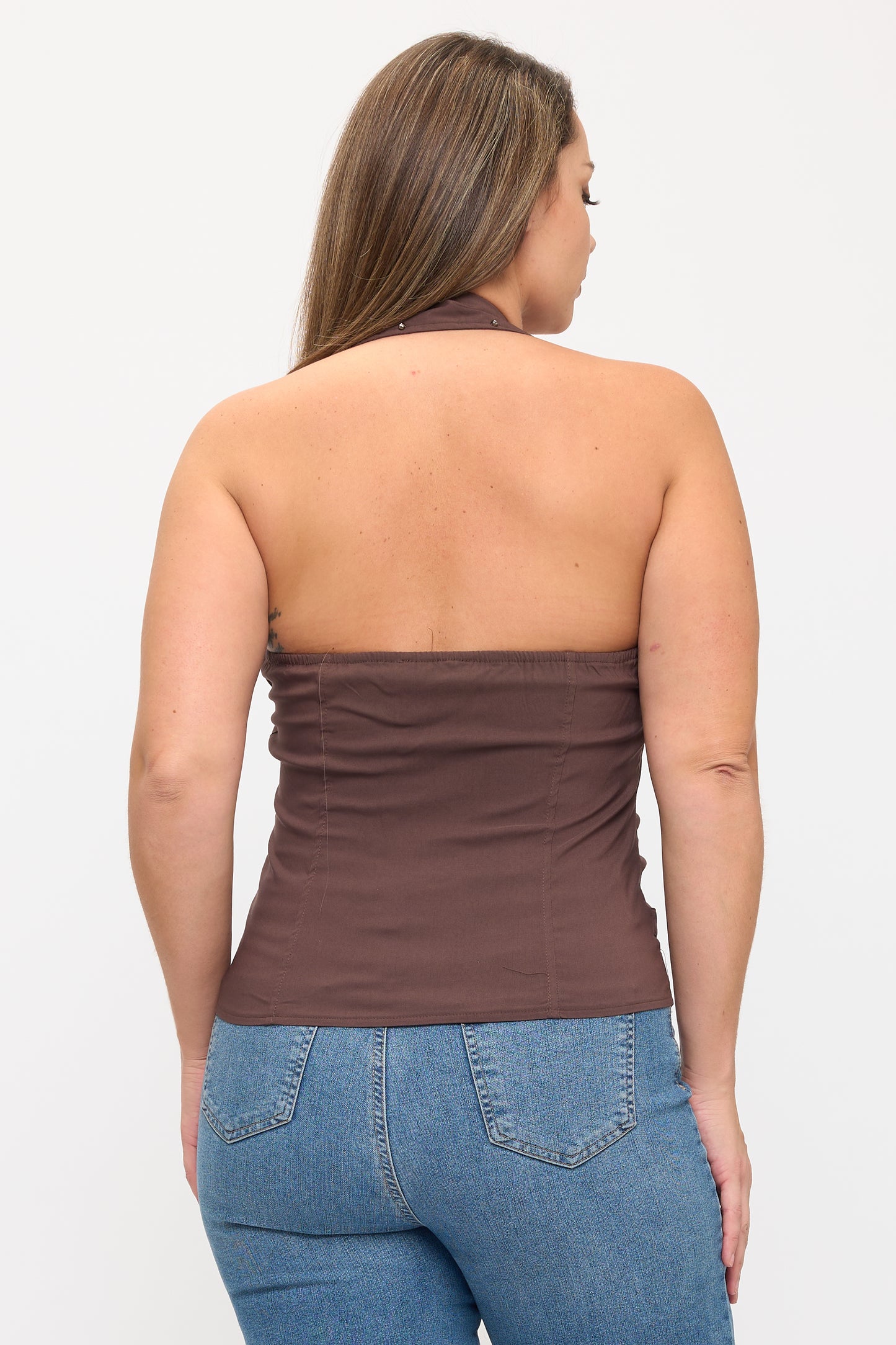 BUCKLE DETAIL ZIPPER FRONT COLLAR HALTER PLUS TANK TOP