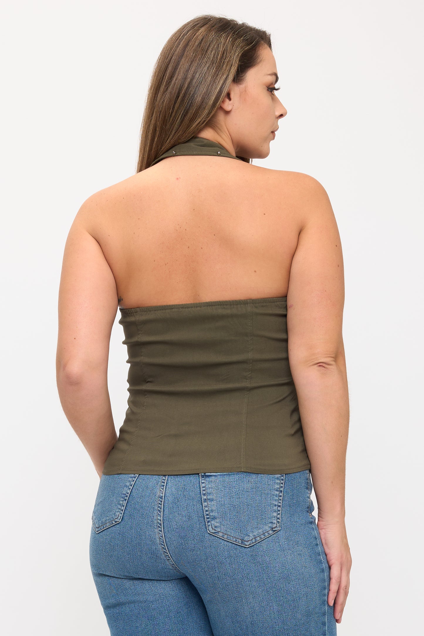 BUCKLE DETAIL ZIPPER FRONT COLLAR HALTER PLUS TANK TOP