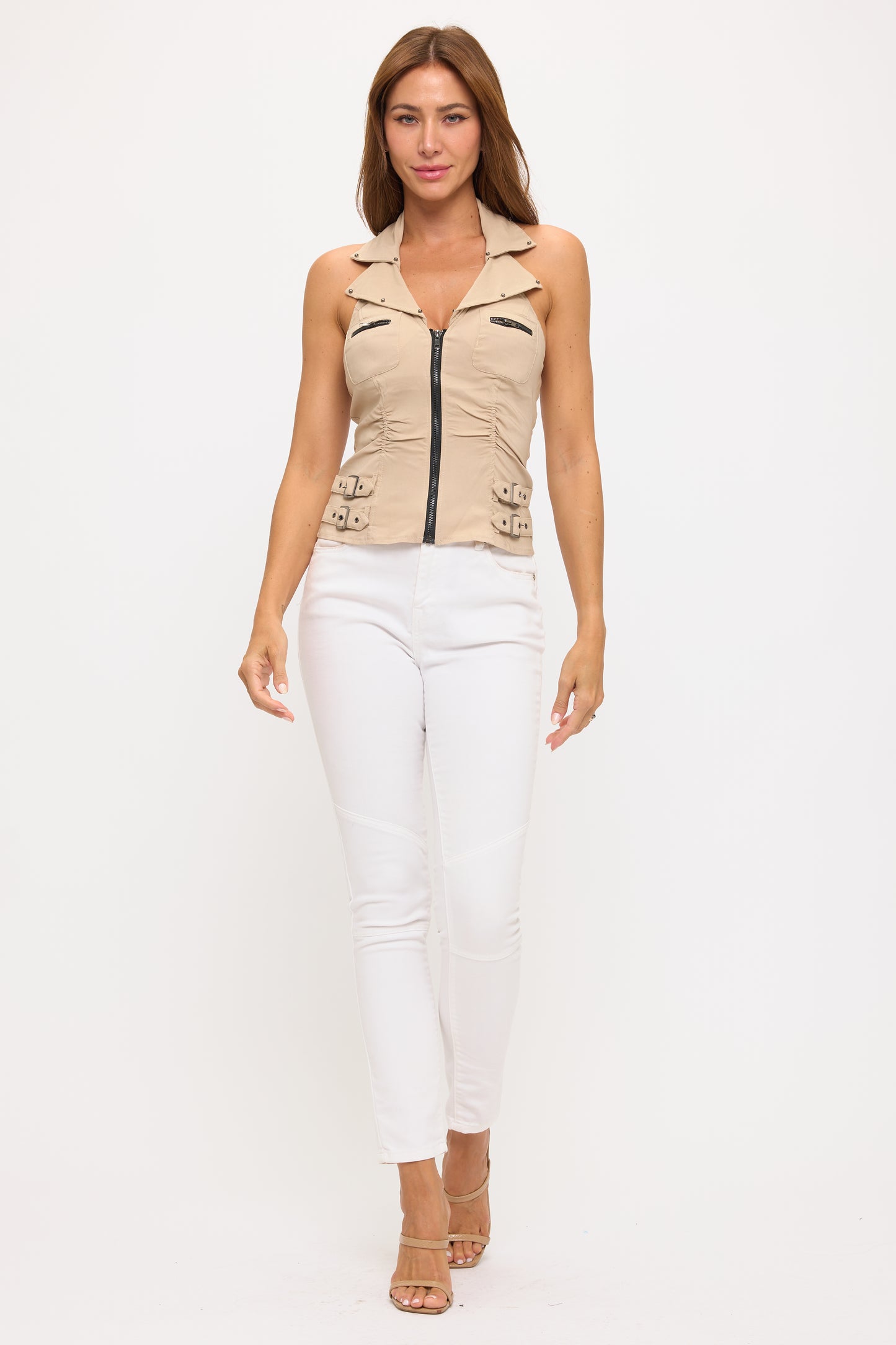 BUCKLE DETAIL ZIPPER FRONT COLLAR HALTER TANK TOP