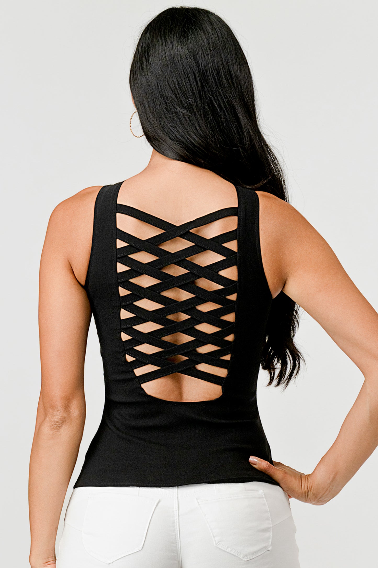 LACE-UP FRONT DETAIL CROSS HATCH BACK TANK TOP