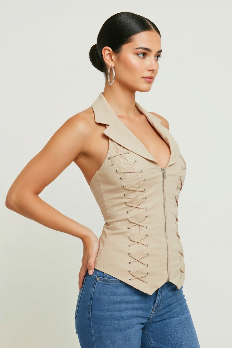 LACE UP COLLAR HALTER TANK TOP
