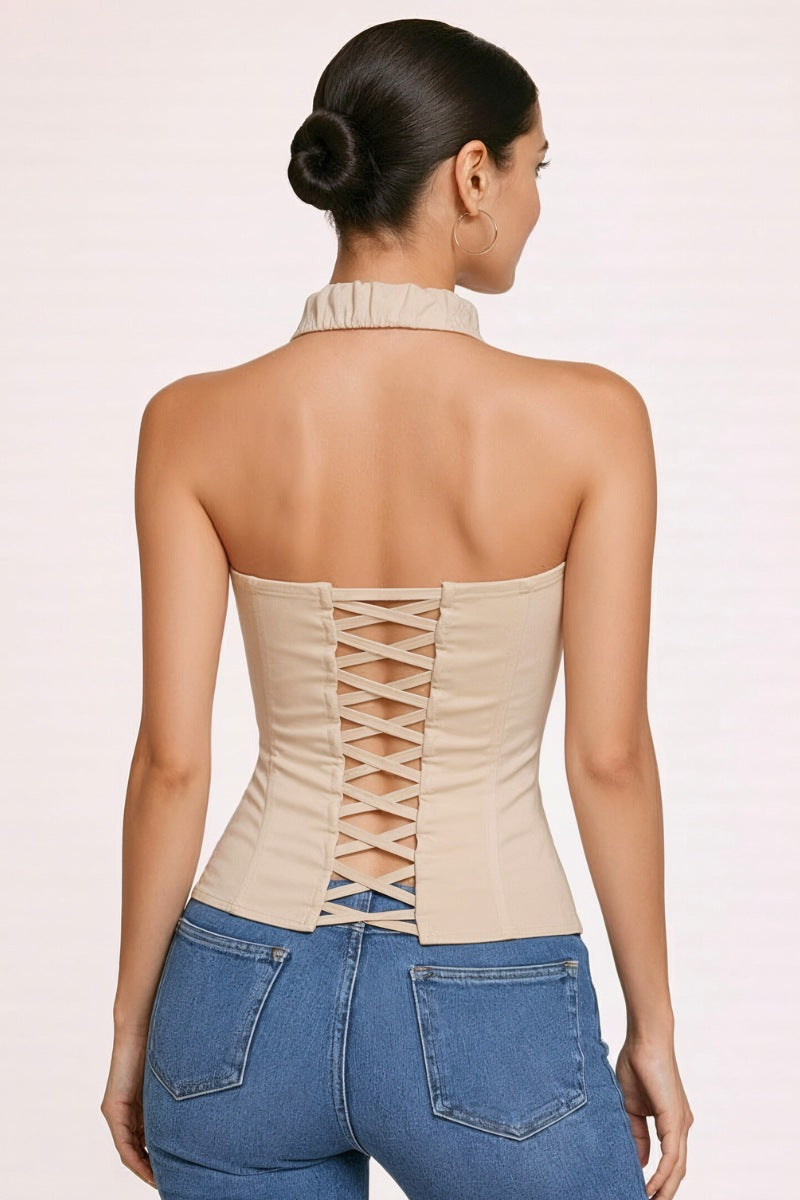 LACE UP COLLAR HALTER TANK TOP