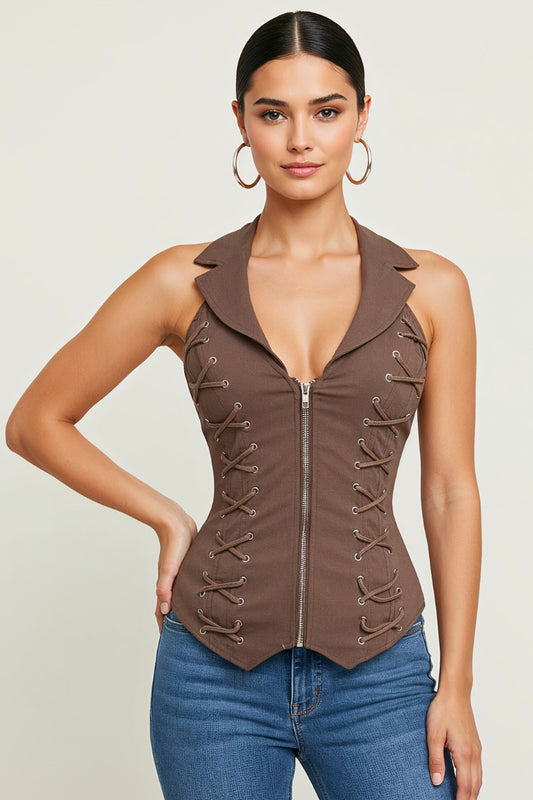 LACE UP COLLAR HALTER TANK TOP