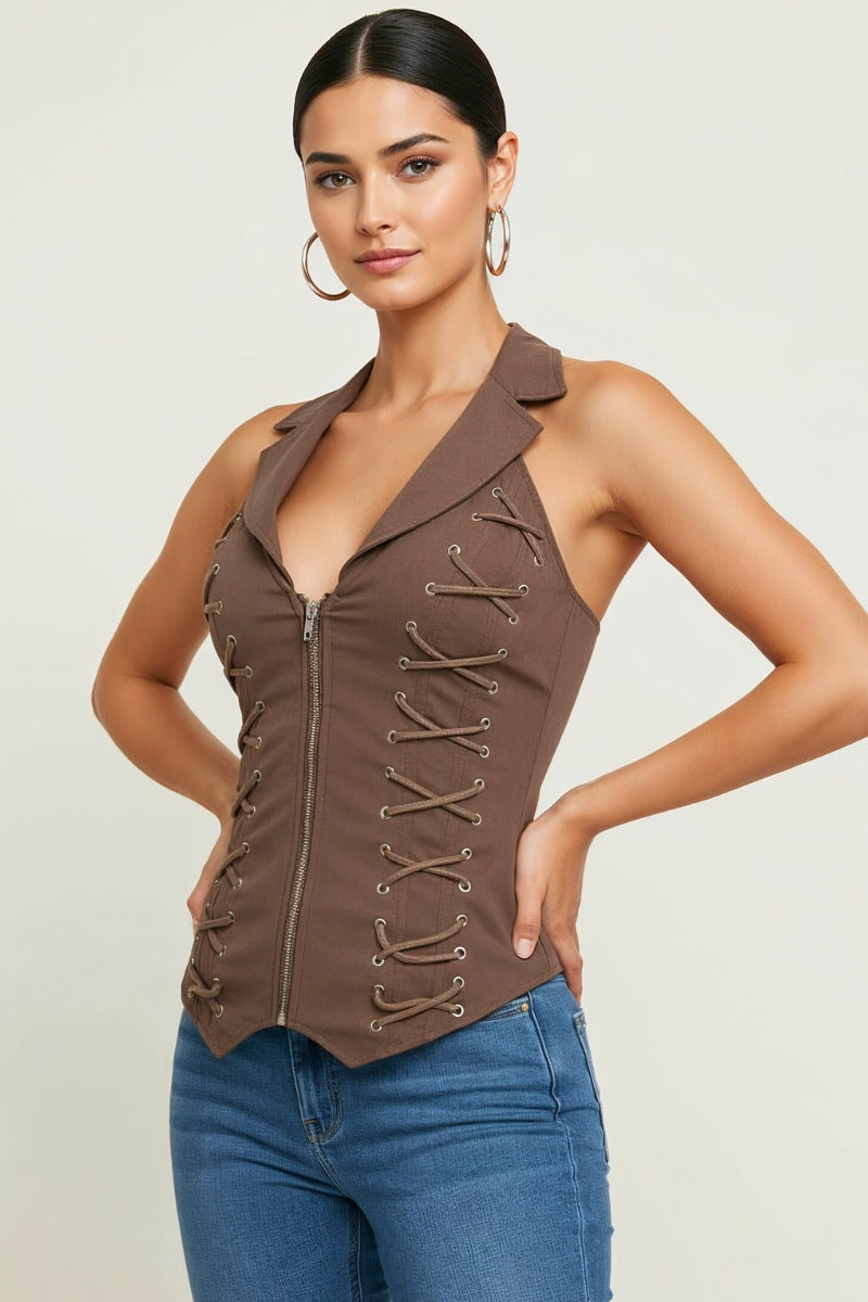LACE UP COLLAR HALTER TANK TOP