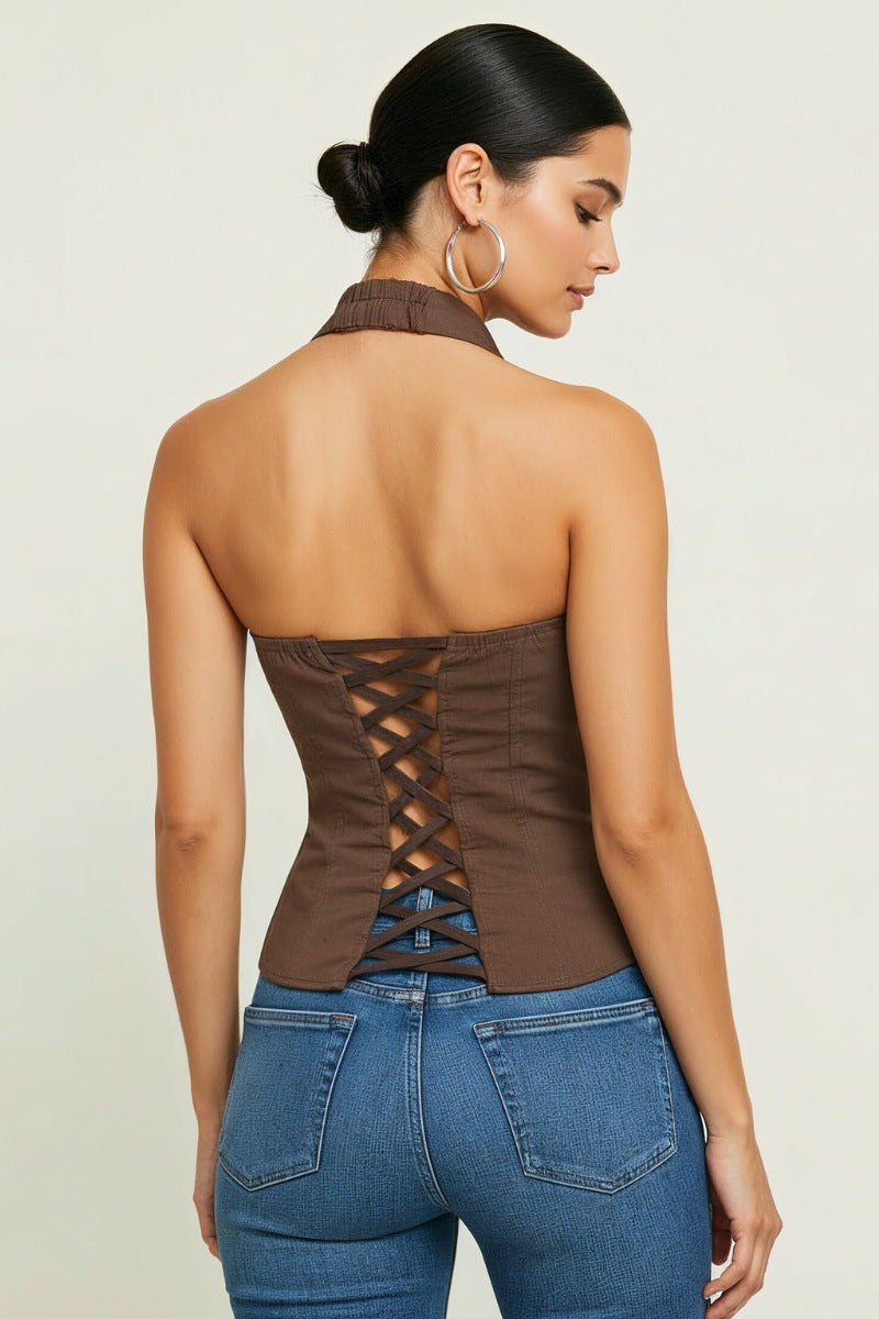 LACE UP COLLAR HALTER TANK TOP