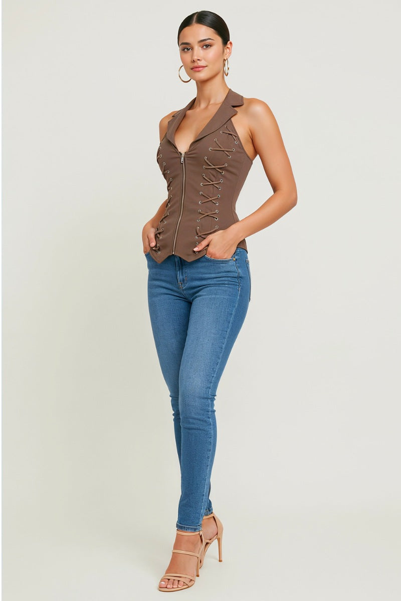 LACE UP COLLAR HALTER TANK TOP