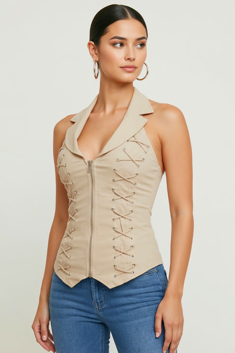 LACE UP COLLAR HALTER TANK TOP